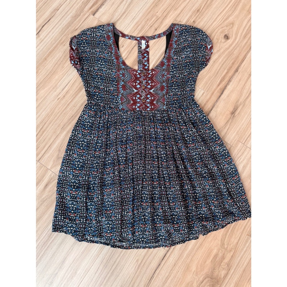 Free People Women Burgundy Blue Geometric Tribal T-Back Empire Mini Dress Size S